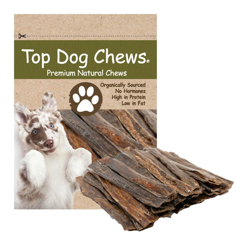 Top Dog Chews beef esophagus jerky 30-pack shown in pack image, dental-friendly treat.