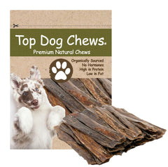 Top Dog Chews beef esophagus jerky 30-pack shown in pack image, dental-friendly treat.