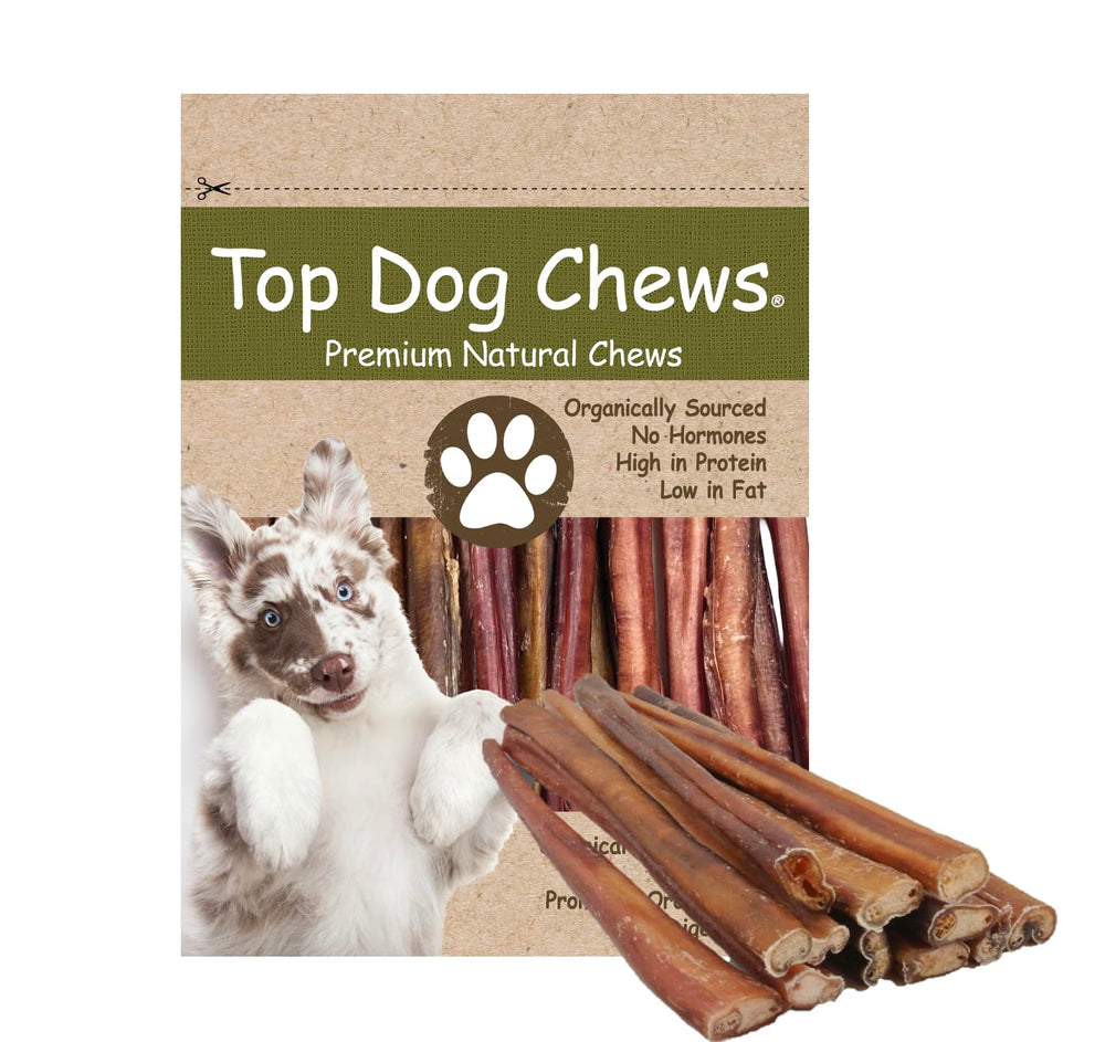 Top Dog Chews bully stick 12inch pack for long-lasting chewing.