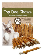 Top Dog Chews chicken-wrapped rawhide twists close-up; durable chew for dogs.