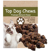 Top Dog Chews Knee Caps package shows long lasting beef chews for aggressive chewers.