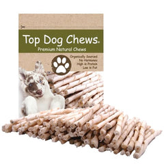 Top Dog Chews pack of 100 rawhide twists supports healthy chewing routines.