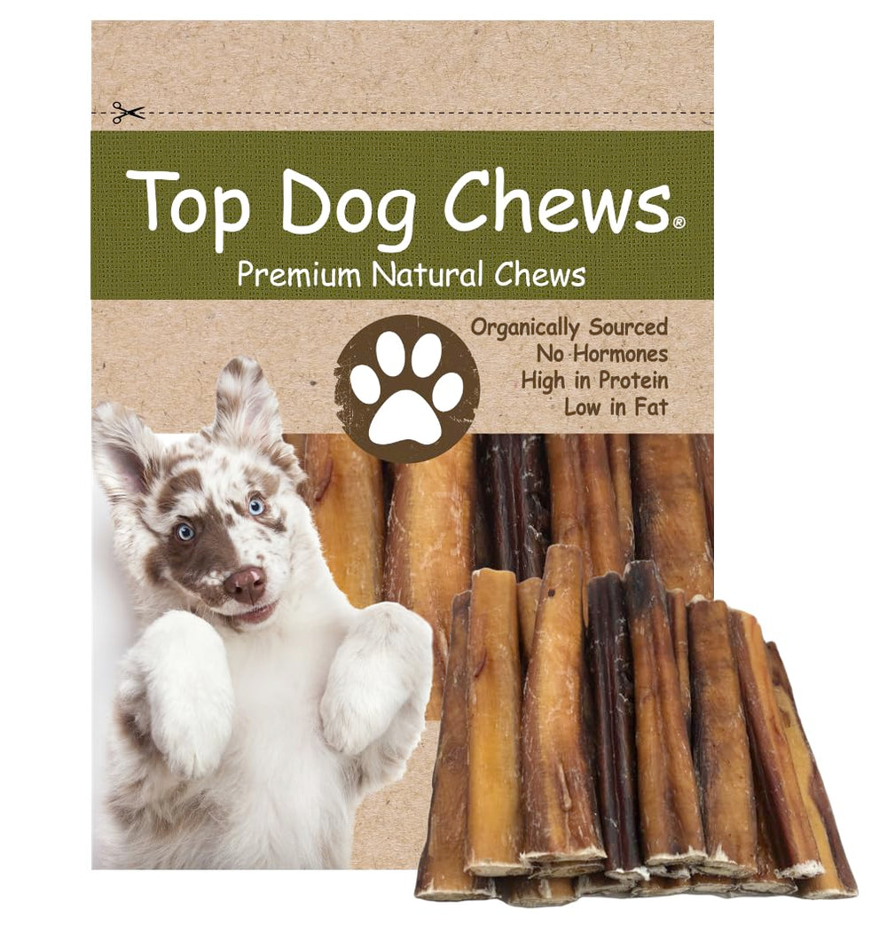 Top Dog Chews thick 6-inch bully stick packaging, a durable chew for medium to large dogs.