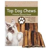 Top Dog Chews thick 6-inch bully stick packaging, a durable chew for medium to large dogs.