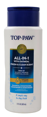 Top Paw all-in-1 oatmeal shampoo bottle for dogs, gentle cleansing.