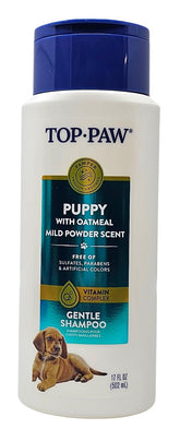 Top Paw puppy oatmeal gentle shampoo bottle showcases the 17-ounce size and mild formula.