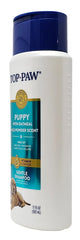 Top Paw puppy oatmeal shampoo label highlights sulfate-free, paraben-free benefits.