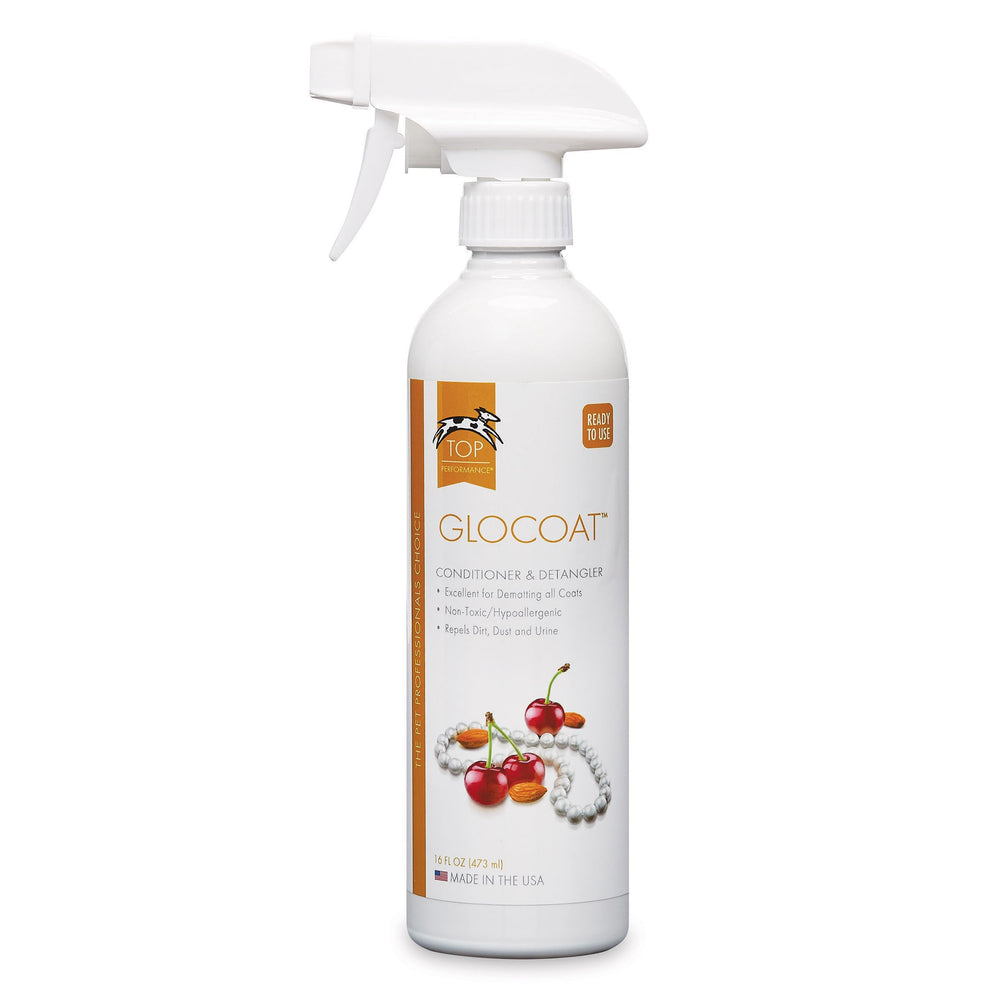 Top Performance GloCoat conditioner bottle ready for quick spray detangling on damp coats