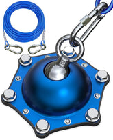 TOPKNOT dog tie-out stake securing camping setup with stable ground anchoring.