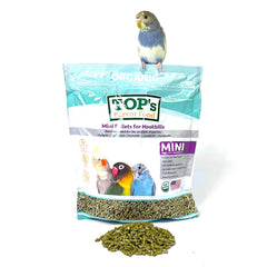 TOP's Parrot Food Mini Pellets pack with non-GMO, corn-free formula for small birds.