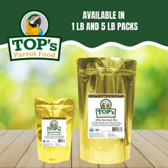 TOP's Parrot Food seed mix serving image demonstrates dry feeding option for parrots