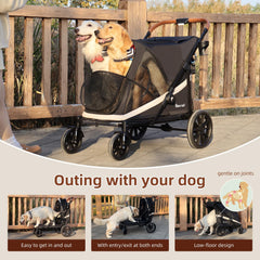 Totoro Ball dog stroller side view highlighting four-wheel stability on varied terrain.