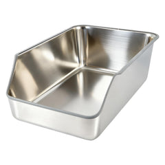 TownTime stainless steel cat litter box with high sides reduces scatter and spills.