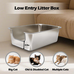 TownTime stainless steel litter box with high sides to contain litter.