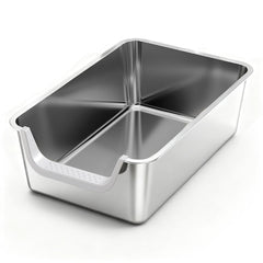 TownTime stainless steel litter box with high sides for large cats, reducing litter scatter.
