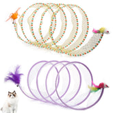 TOYMIS folded cat tunnel spring in yellow and purple stripe, ideal for indoor play.