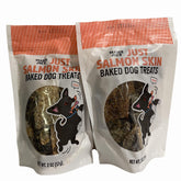 Trader Joe's Salmon Skin Baked Dog Treats packaging shows two 2oz bags for convenient rewards.