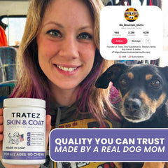 TRATEZ Skin and Coat omega blend bottle highlights fatty acids for skin.
