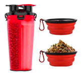 Traveling Tots dog travel water bottle with collapsible bowls in red for on-the-go hydration.
