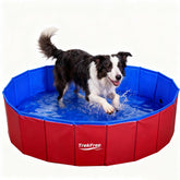 TrekFree foldable pet pool setup in a backyard for cooling on sunny days