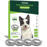 TriOak gray adjustable flea collar on a dog for a secure, all-size fit.
