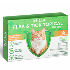 TriOak flea and tick topical cat bottle closeup showing dosing readiness