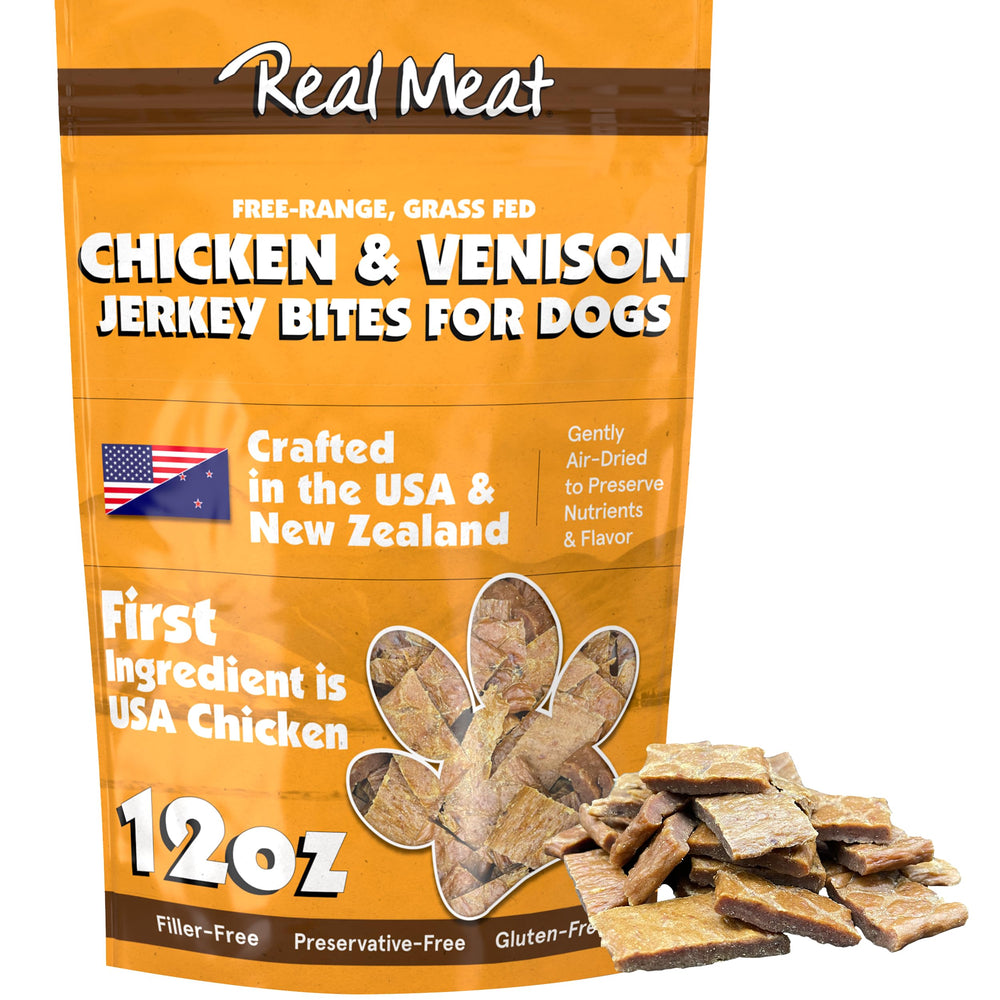 TRMC bite-sized venison and chicken jerky for dogs, ideal training rewards.