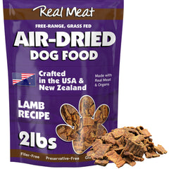 TRMC Real Meat air-dried dog food in a bowl featuring lamb, offering a savory, high-protein meal.