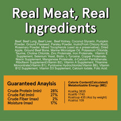 TRMC Real Meat air-dried dog food beef bites in USA-crafted bag.