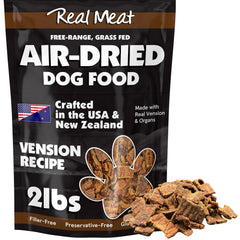 TRMC venison air-dried dog food bites showing high protein for active dogs.