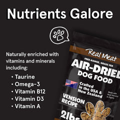TRMC venison slices beside ingredients showcase simple, real-meat nutrition.