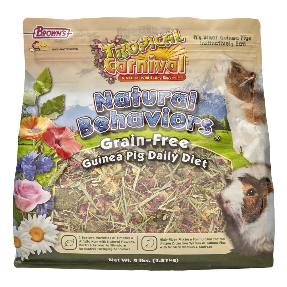 Tropical Carnival Natural Behaviors Guinea Pig Food pack shot promotes balanced nutrition and foraging.