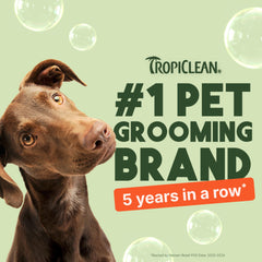 Dog enjoying bath with TropiClean lather for easier brushing