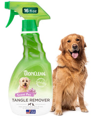 TropiClean dog detangler spray bottle for easier brushing across coats.