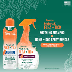 TropiClean Natural Flea and Tick Max shampoo close-up showing rich lather for clean coats.