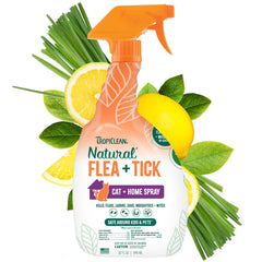 TropiClean flea and tick spray bottle on cat for quick pest control.