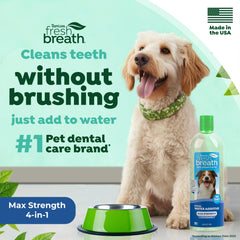 TropiClean Fresh Breath Advanced bottle being poured into a dog's water bowl for easy dosing.