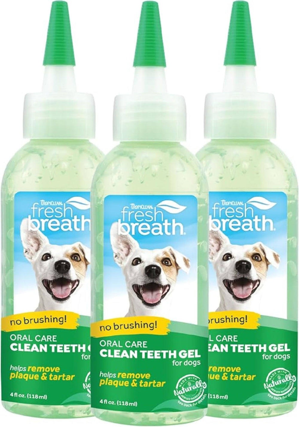 TropiClean Fresh Breath No-Brushing Gel bottle shown for easy daily dental care.