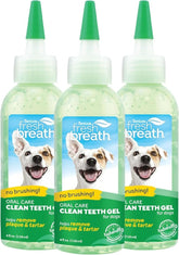 TropiClean Fresh Breath No-Brushing Gel bottle shown for easy daily dental care.