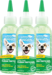 TropiClean Fresh Breath No-Brushing Gel bottle shown for easy daily dental care.