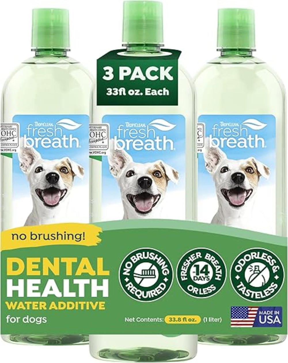 TropiClean Fresh Breath Water Additive bottle on counter for easy daily oral care.