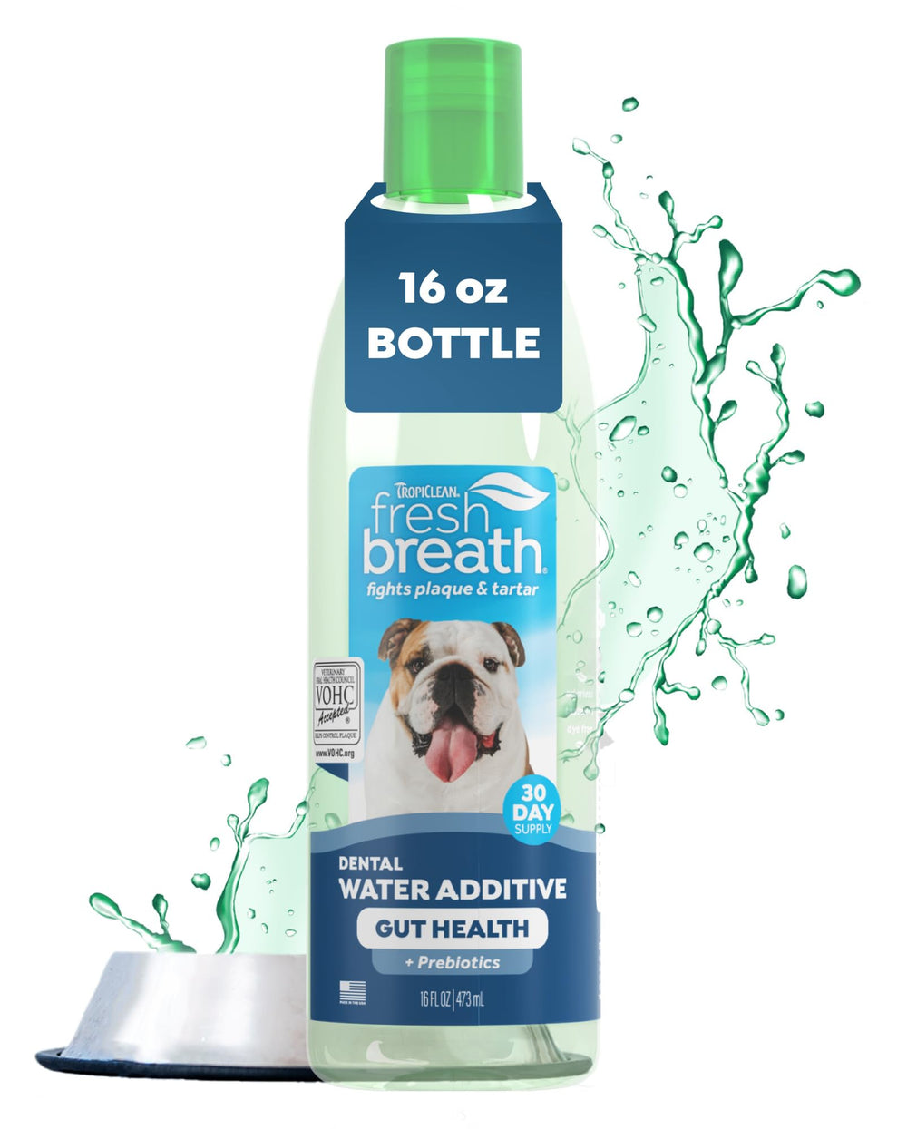 TropiClean Fresh Breath Water Additive bottle for dogs supports breath and easy dosing.