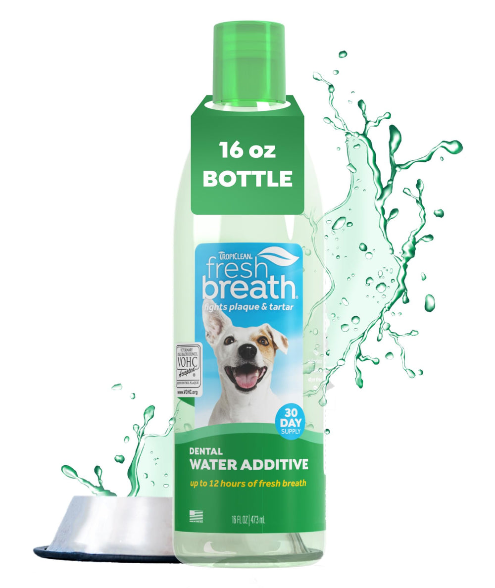 TropiClean Fresh Breath Water Additive bottle ready for daily use to support fresh breath.