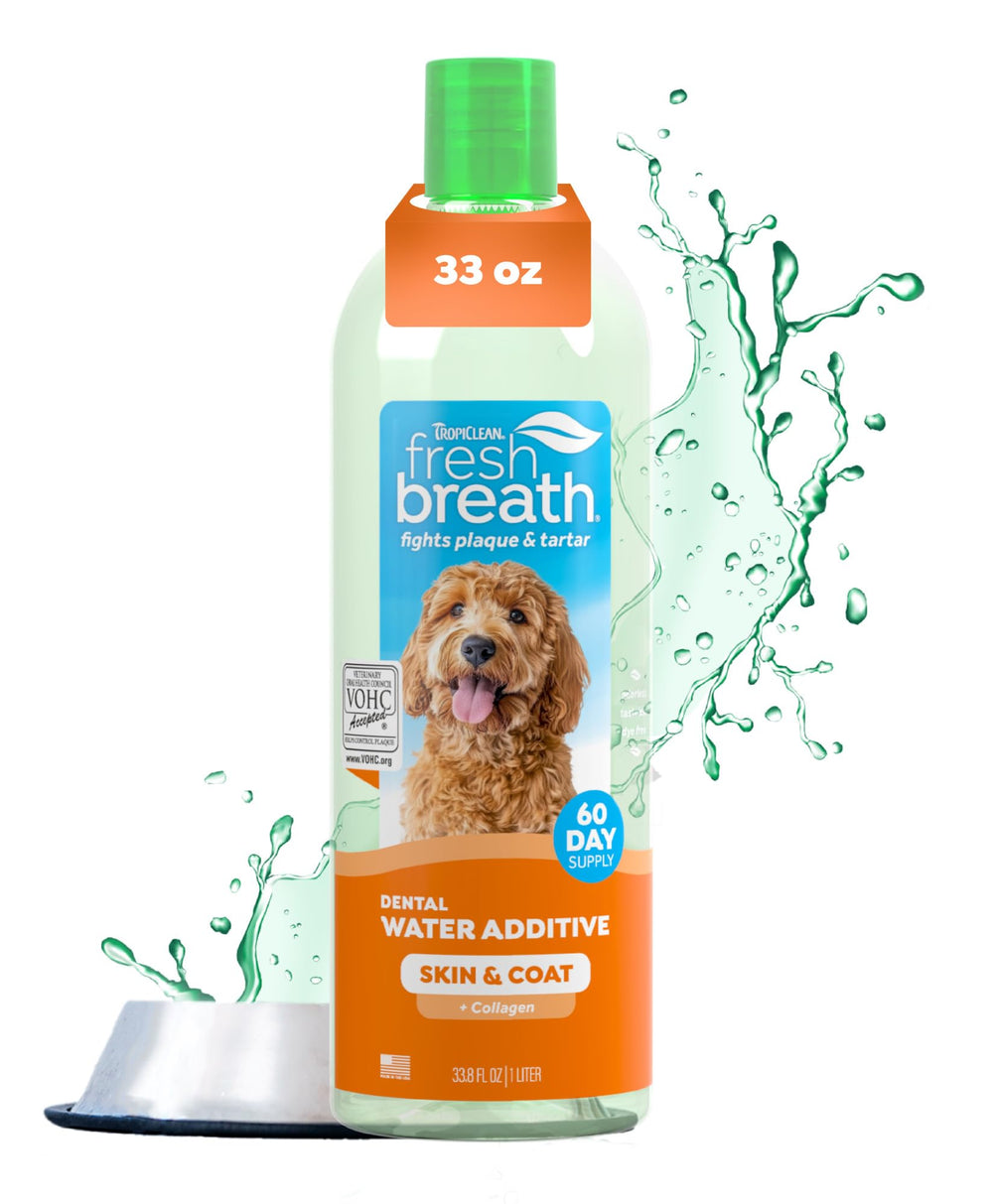 TropiClean Fresh Breath water additive bottle for dogs helps maintain fresh breath