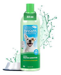 TropiClean Fresh Breath Water Additive bottle shown for easy daily dental care.