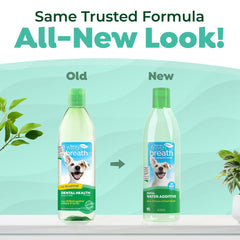 Pour TropiClean Fresh Breath Water Additive into a dog's water bowl for ongoing freshness.