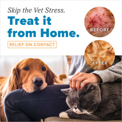 TropiClean HomeVet no-touch spray application for mess-free paw and fur treatment.