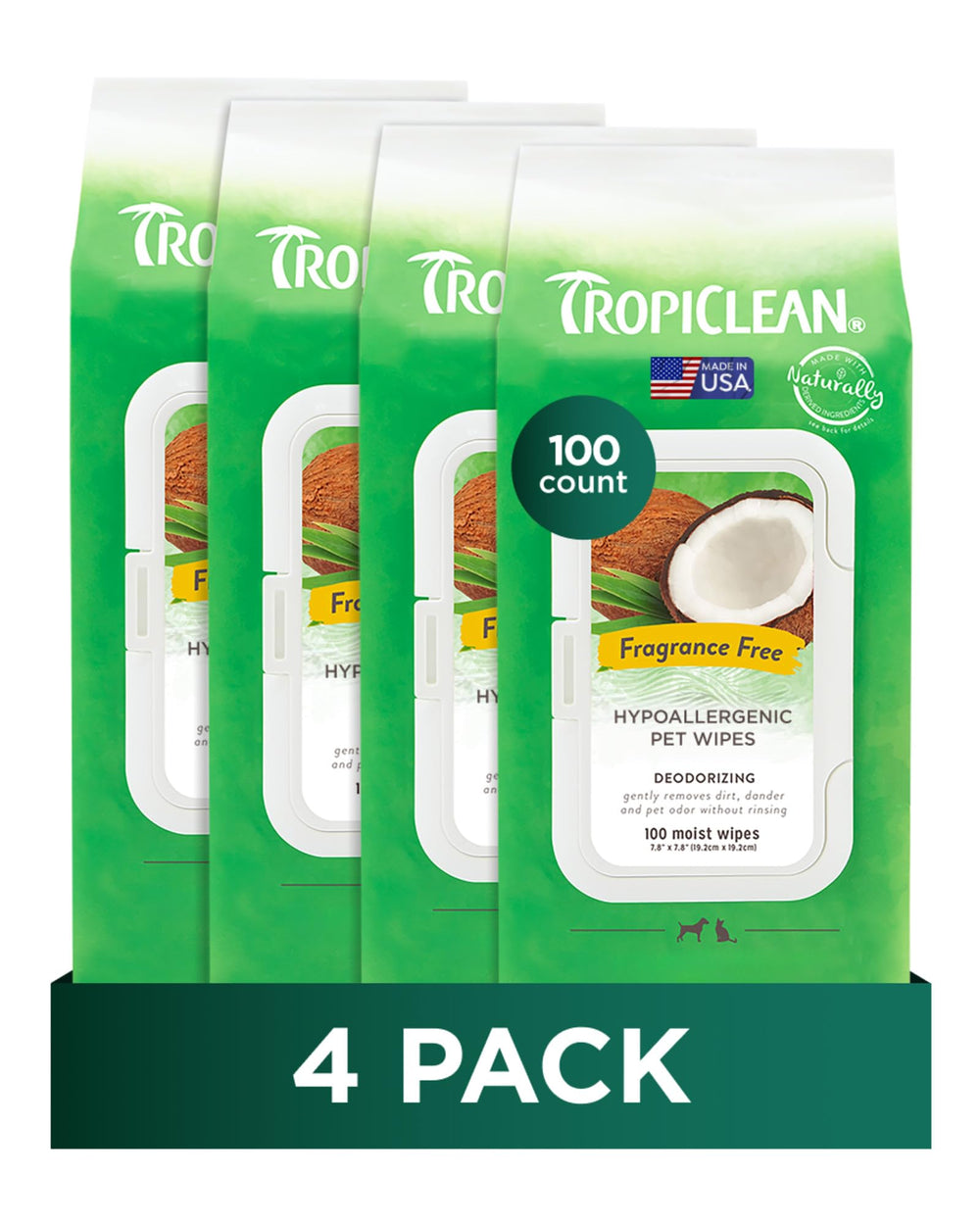 TropiClean hypoallergenic dog wipe packaging shown for on-the-go grooming.