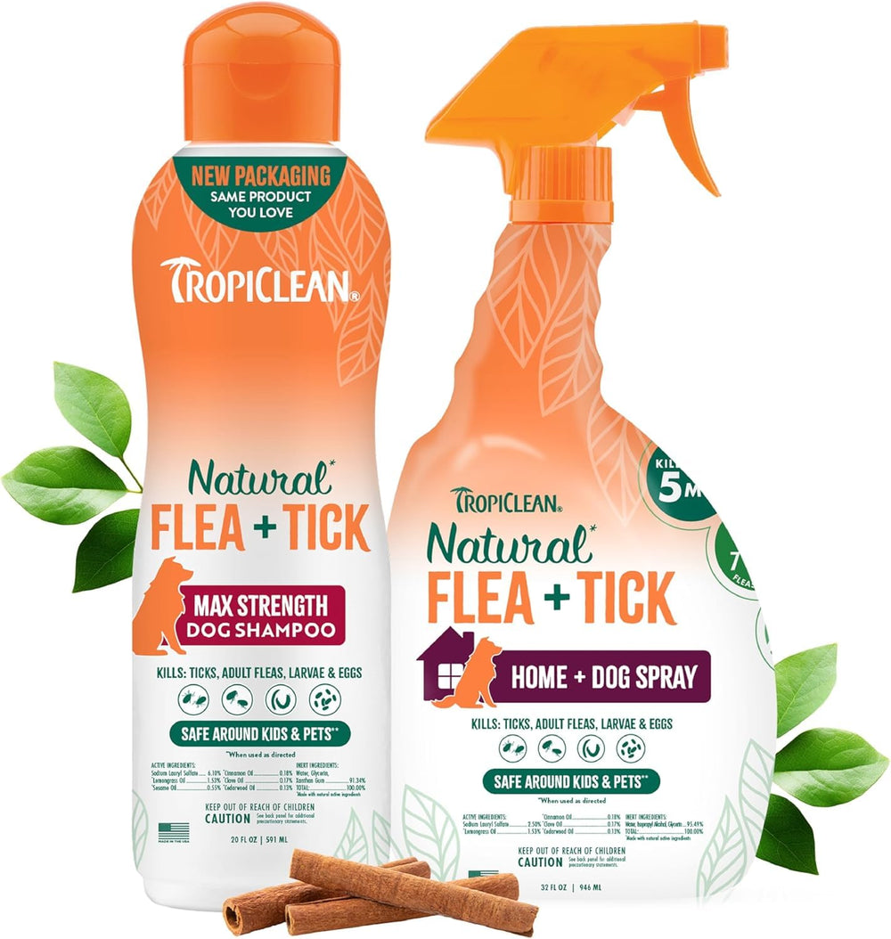 TropiClean Natural Flea and Tick Max shampoo bottle for effective flea control during baths.