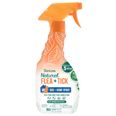 TropiClean natural flea-tick spray bottle for dogs, ready to use.